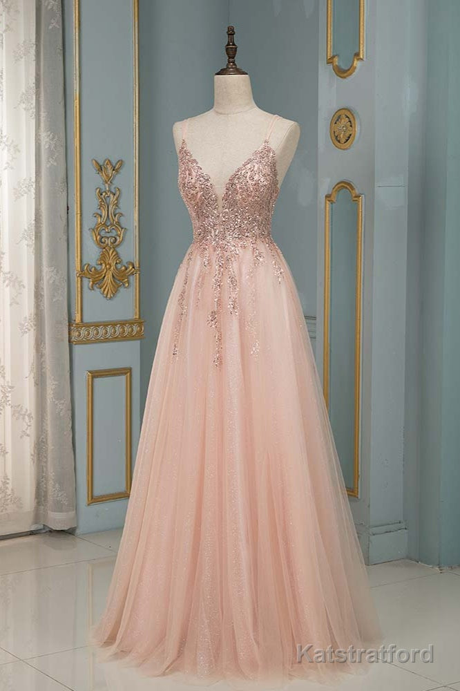 Spagehetti-Strap V-Neck Sleeveless Prom Dress with Beading