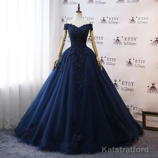 Prom Dresses, Navy Blue Wedding Dresses, Floral Lace Ball Gown Off Shoulder Evening Dress