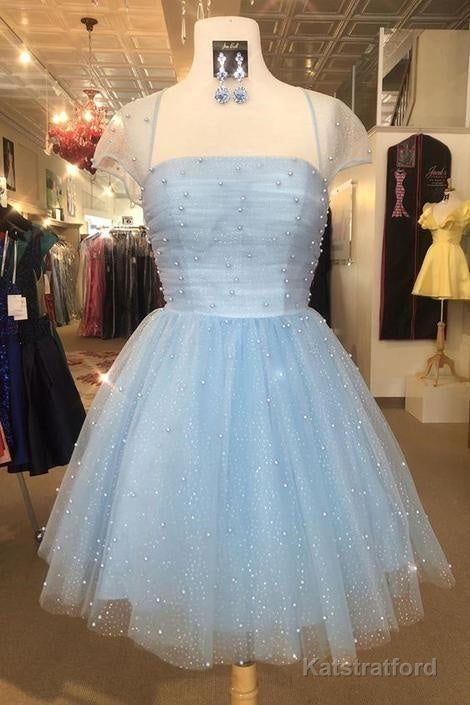 Cute Light Sky Blue with Cap Sleeves Homecoming Dresses