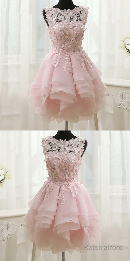 Pink Appliques Organza Tiered Short Homecoming Dress, Simple Homecoming Dresses