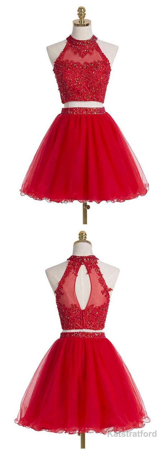 Two Piece Scoop Short Red Organza Beaded Homecoming Dress, With Appliques Sequins