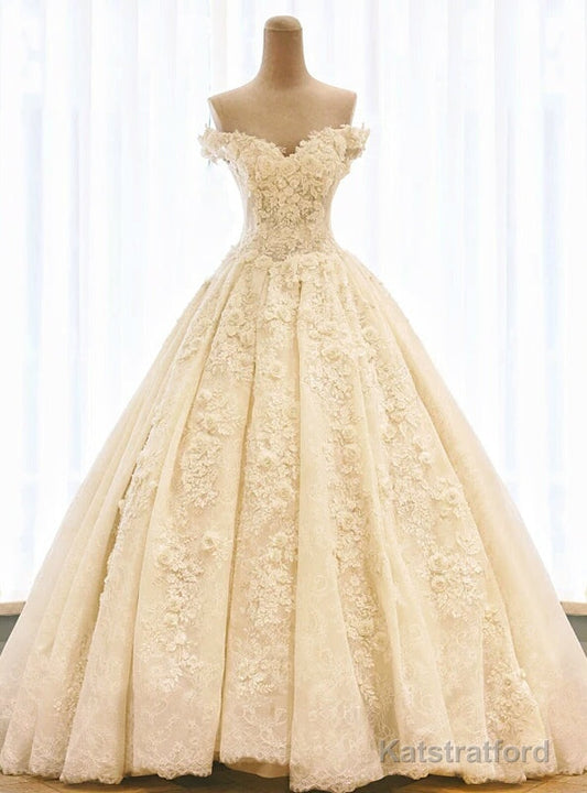 Champagne Ball Gown Off The Shoulder Flower Wedding Dress