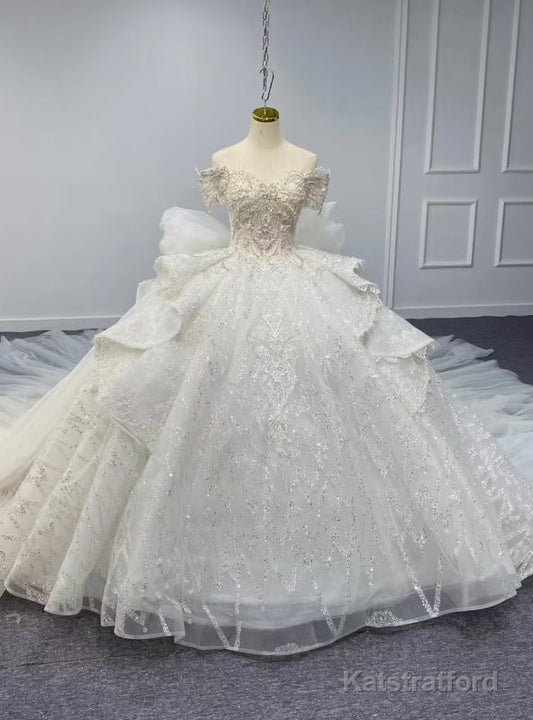 Champagne Ball Gown Sequins Gold Sequins Appliques Off the Shoulder Wedding Dress