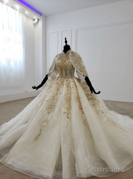Champagne Ball Gown Tulle Appliques High Neck Short Sleeve Wedding Dress