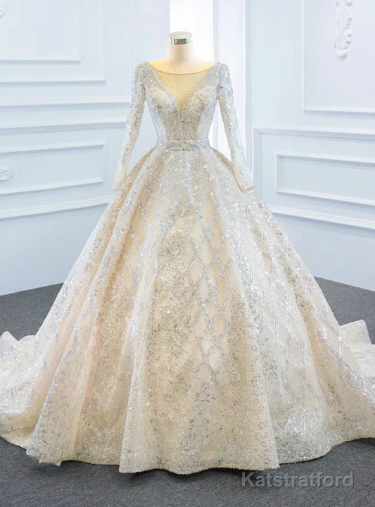 Champagne Ball Gown Tulle Sequins Long Sleeve Wedding Dress