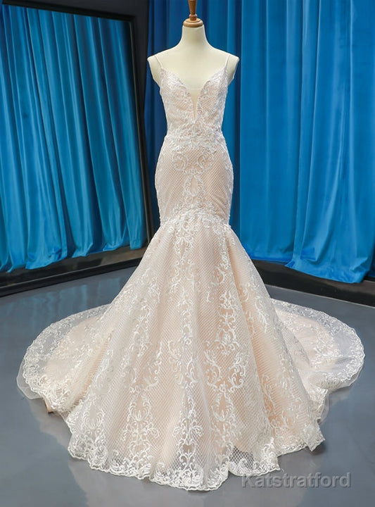 Champagne Mermaid Tulle Lace Spaghetti Straps Wedding Dress