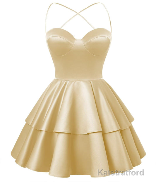 Champagne Satin Homecoming Dress Sweetheart Neck Tiered Short Graduation Dresses
