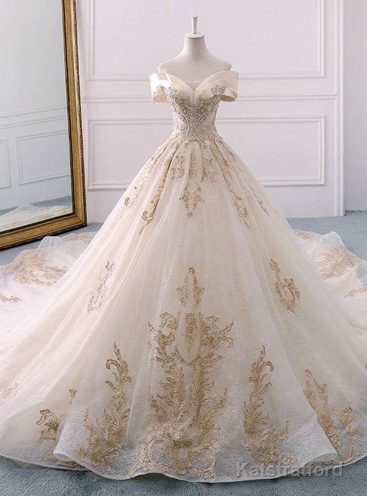 Champagne Tulle Gold Appliques Off The Shoulder Wedding Dress