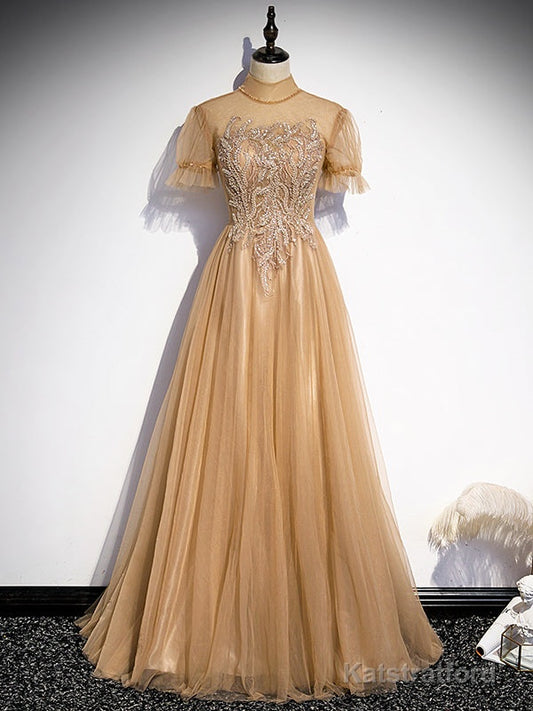 Champagne Tulle High Neck Backless Prom Dress