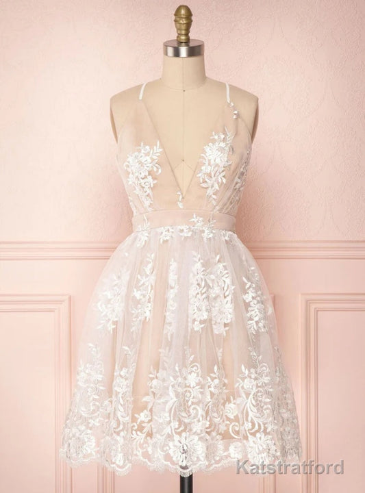 Champagne Tulle Lace Spaghetti Straps Homecoming Dress
