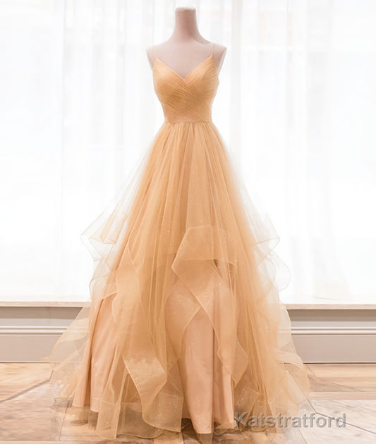 Champagne tulle long prom dress, champagne evening dress