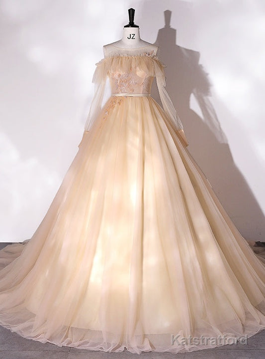 Champagne Tulle Long Sleeve Beading Quinceanera Dress