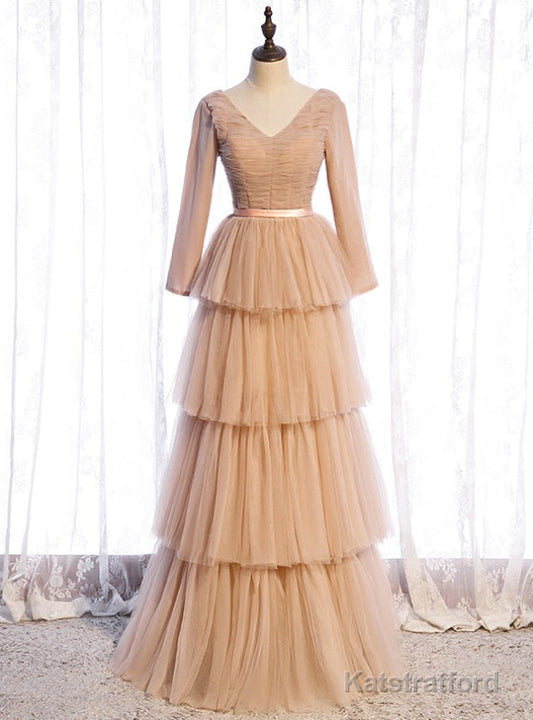 Champagne Tulle Long Sleeve V-neck Pleats Prom Dress