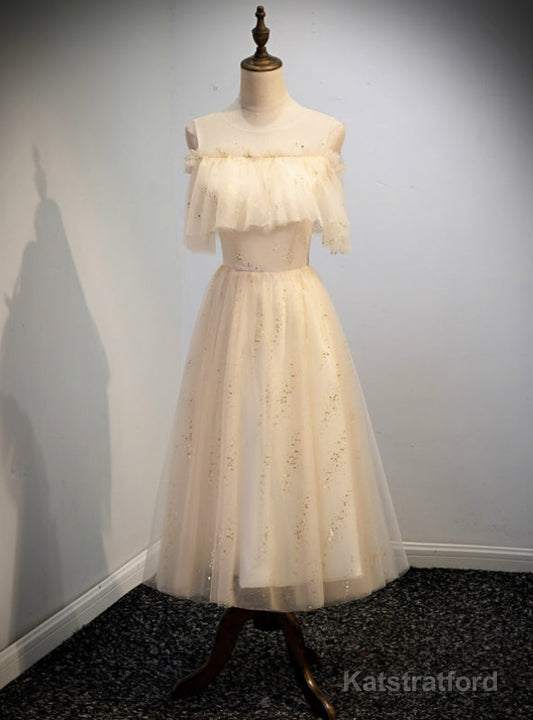 Champagne Tulle Scoop Sequins Tea Length Prom Dress