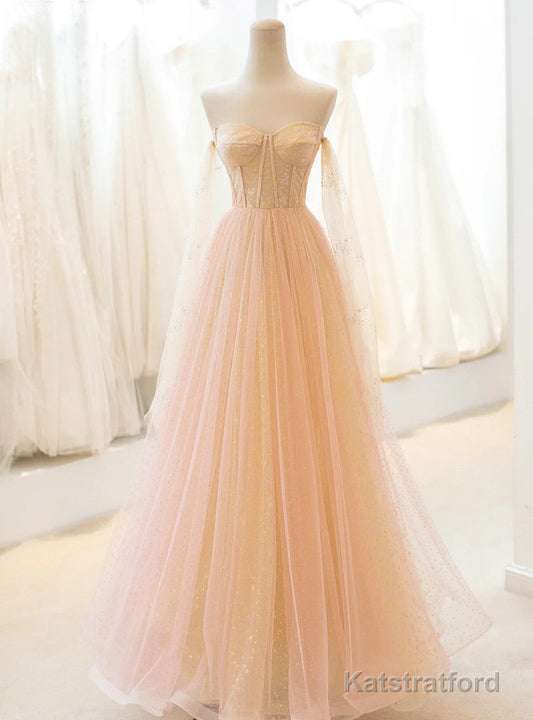 Champagne Tulle Sequins Strapless Prom Dress