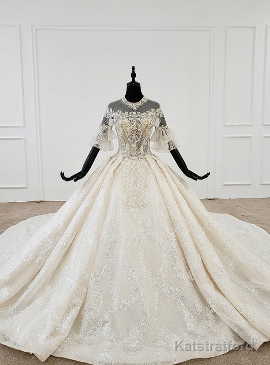 Champange Tulle Sequins Short Sleeve Backless Beading Wedding Dress