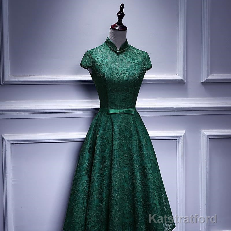 Charming Dark Green Tea Length High Neckline Party Dress, Wedding Party Dress