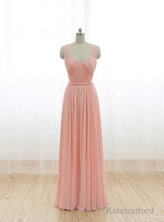 Cheap Pink Straps Chiffon Pleats Backless Bridesmaid Dress