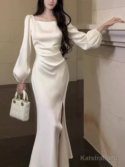 Classy Mermaid Square Neckline Long Sleeves Slit Prom Dresses Evening Gowns