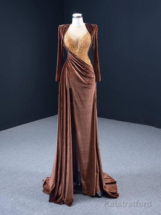Coffee Velvet Long Sleeve Beading Prom Dress
