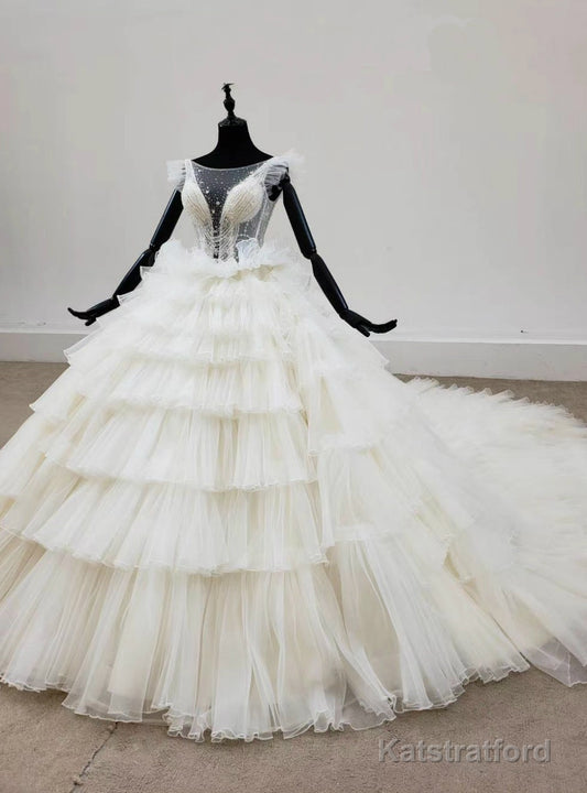 Come In a Wide Variety Of On-Trend Styles, Ivory White Ball Gown Tulle Tiers Beading Bateau Wedding Dress