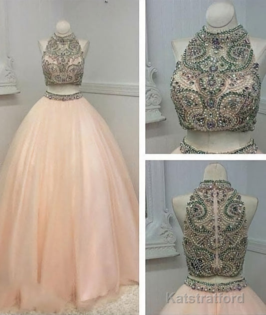 Custom Made Two Pieces High-Neck Beaded Pink Tulle Prom Dresses, Pink Evening Dresses