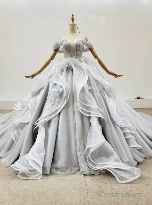 Custom Tailored Gray Ball Gown Tulle Off the Shoulder Appliques Wedding Dress