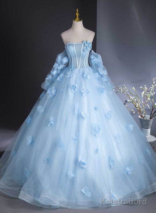 Cute Blue Tulle With Flowers Long Formal Dress, Blue Evening Gown Sweet 16 Dress