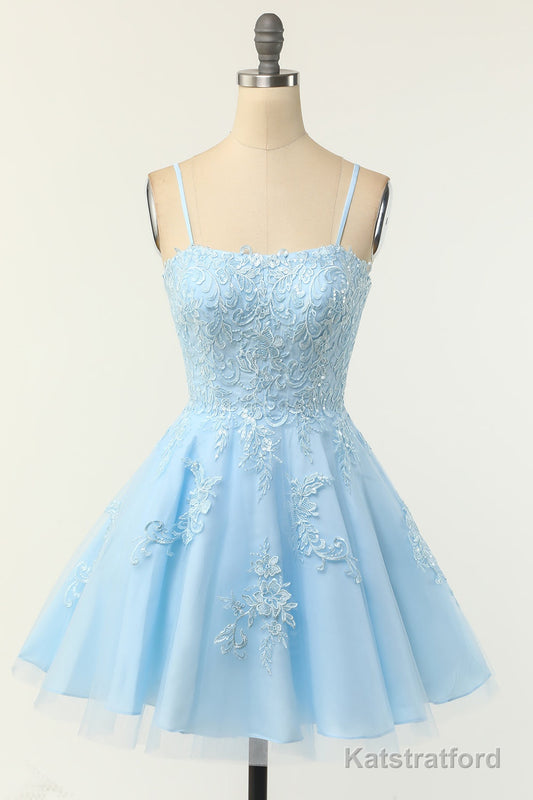 Cute Glitter Blue Homecoming Dresses A Line Sequins Short Prom Dresses with Appliques