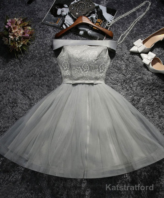 Cute Gray Lace Tulle Short Prom Dress, Gray Homecoming Dress