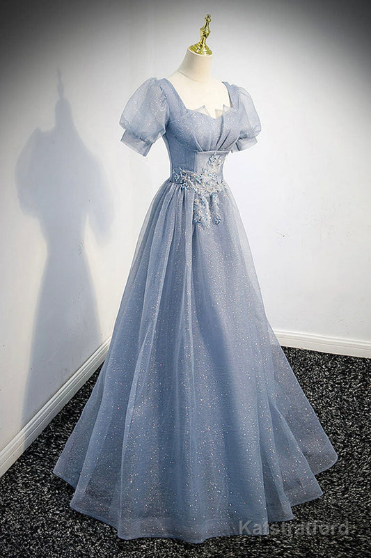 Cute Shiny Tulle Long Prom Dress, A-Line Short Sleeve Evening Party Dress