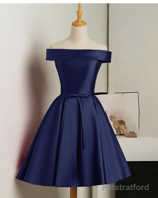 Cute Simple Short Satin Party Dress , Off Shoulder Prom Dress
