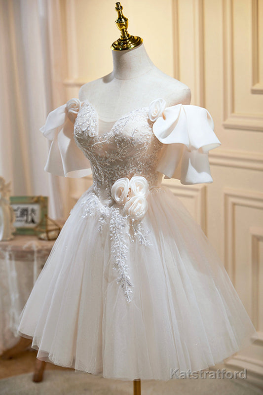 Cute Tulle Lace Homecoming Dress, Off Shoulder Short Prom Dress