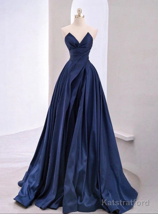 Dark Blue Satin Strapless Prom Dress