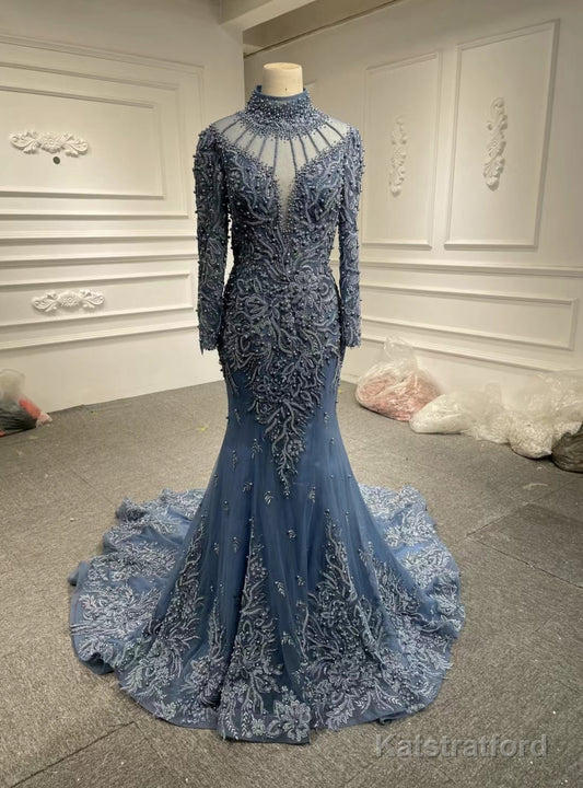 Dark Blue Tulle Mermaid Beading Prom Dress