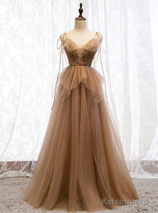 Dark Champagne Tulle Spagehtti Straps Beading Prom Dress