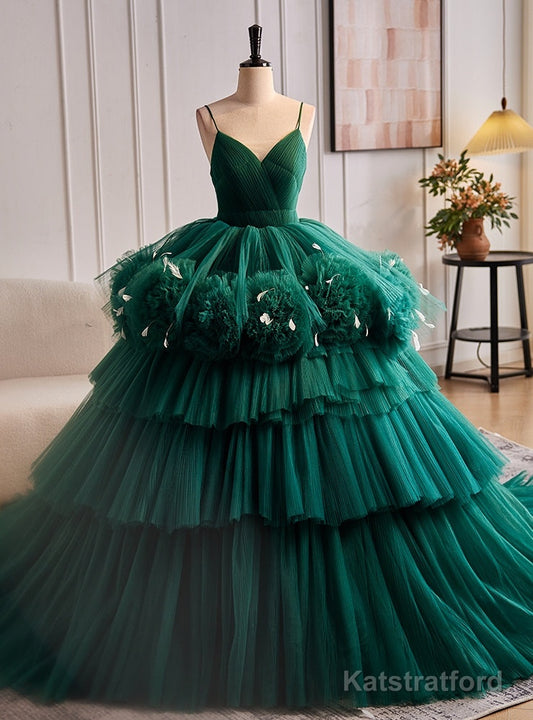 Dark Green Tulle Spaghetti Straps Tiers Quinceanera Dress