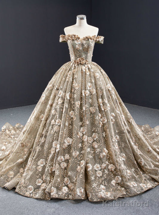 Dark Khaki Ball Gown Tulle Embroidery Appliques Off the Shoulder Prom Dress