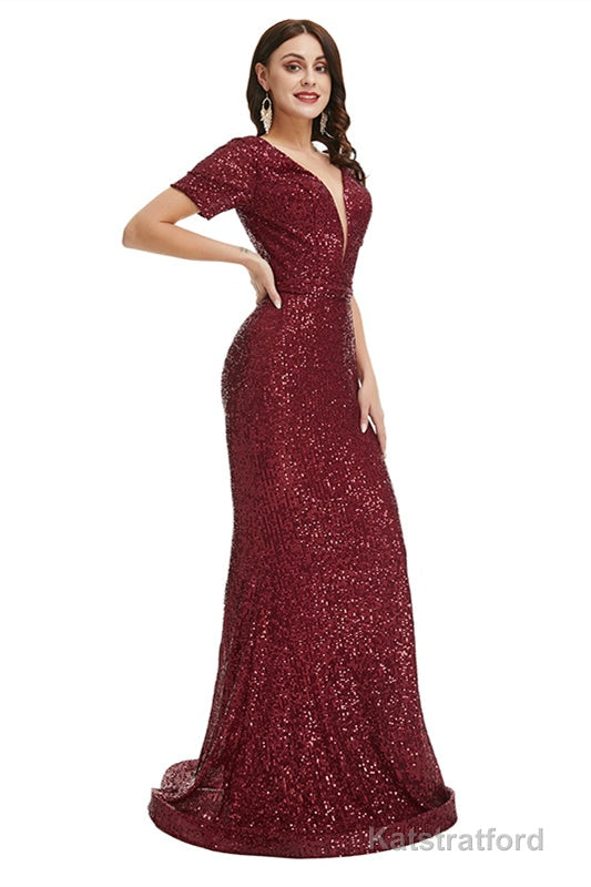 Deep V Neck sleeveless Sparkly Sequin Fishtail Prom Dresses