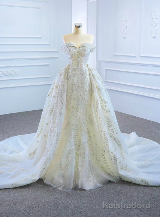 Discover The Latest White Mermaid Tulle Sequins Off the Shoulder Prom Dress With Removable Train