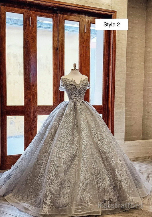 Modern Sparkly Grey Silver Long Or Cap Sleeves Ball Gown Wedding Prom Dress With Glitter Tulle