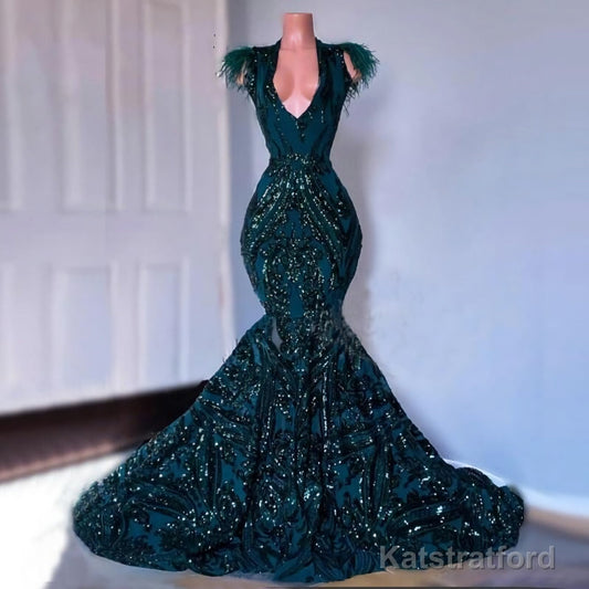 Dark Green Sequined Mermaid Prom Dresses, 2025 For African Black Girls Court Train Feather V Neck Sexy Formal Party Gowns