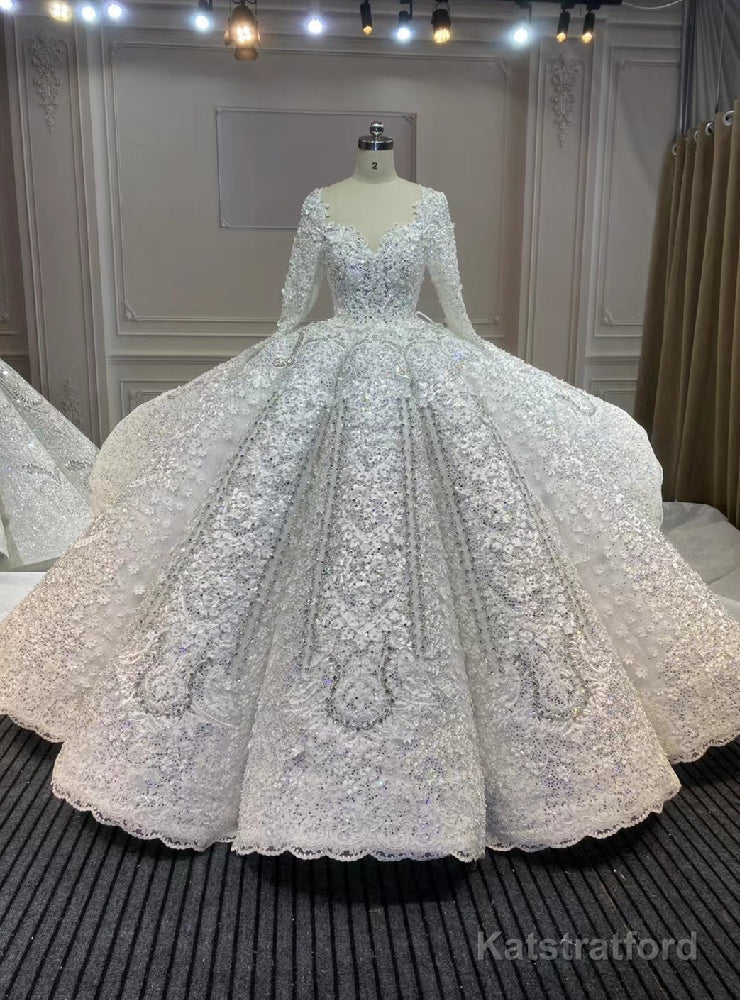 Dubai Handwork Beading Long Sleeve Beading Appliques Wedding Dress
