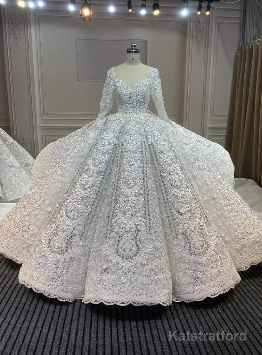 Dubai Handwork Beading Long Sleeve Beading Appliques Wedding Dress