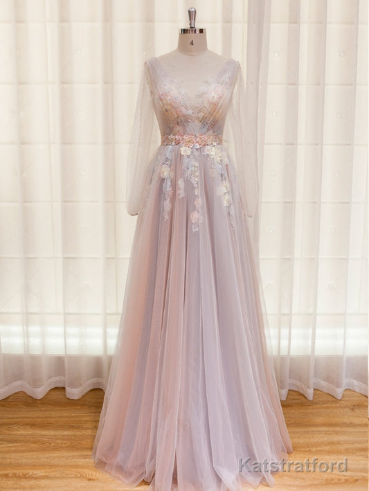 Elegant Flower Lace Pink Party Dres,s Sexy V Neck Evening Dress Backless Tulle Prom Dress