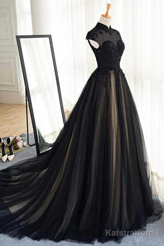 Elegant High Neck Swee Train Rhinestone Prom Dress, Black Formal Dress