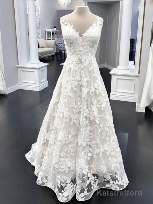 Elegant Long A Line V Neck Floral Lace Wedding Dresses