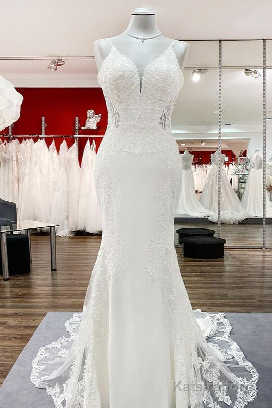 Elegant Long Mermaid Spaghetti Straps Lace Satin Open Back Wedding Dress