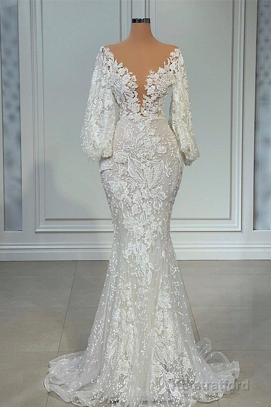 Elegant Long Sleeves Mermaid V-neck Tulle Lace Wedding Dresses