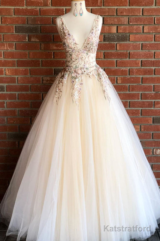 Elegant V Neck Ivory Long Prom Dress with Floral Embroidery